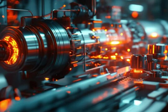 Futuristic 3D printing machine with luminous metal parts in an industrial environment using blue and orange lighting to highlight details in industrial style.High quality
