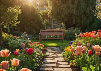 Path to a lonely wood bench in the middle of a peaceful and beautiful garden with roses and tulip flowers around.