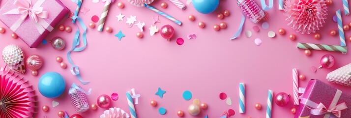 Cute background. Party accessories background. Invitation, birthday, bachelorette party, baby shower events, copy space 