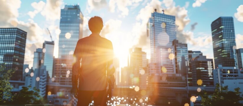A man is standing in the foreground, facing a samrt cityscape with tall buildings and urban infrastructure.