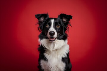 Border Collie poses against red background, showcasing distinctive black and white coat