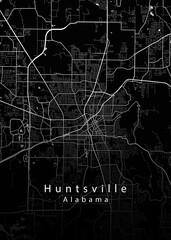 Minimalist black map of Huntsville, Alabama – A modern map print highlighting infrastructure of the city, useful for tourism purposes
