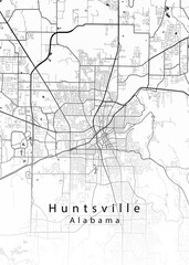 Minimalist white map of Huntsville, Alabama – A modern map print highlighting infrastructure of the city, useful for tourism purposes
