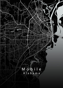 Minimalist black map of Mobile, Alabama &ndash; A modern map print highlighting infrastructure of the city, useful for tourism purposes
