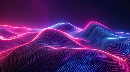 A colorful, neon landscape with purple and blue mountains. The mountains are very tall and the sky is dark