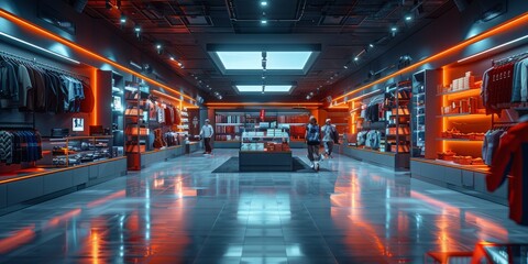 Modern retail store with neon lighting and stylish clothing displays