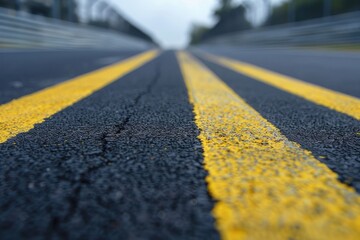 A close up of a road with yellow lines. The road is empty and the yellow lines are the only thing visible