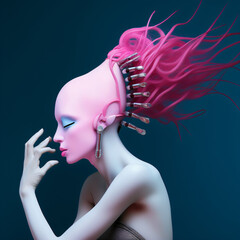 surreal woman with pink hair in front of a blue background