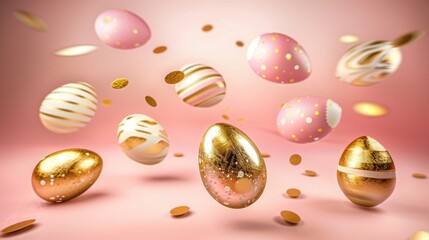 Easter greeting card, Golden and pink egg with confetti on pink background