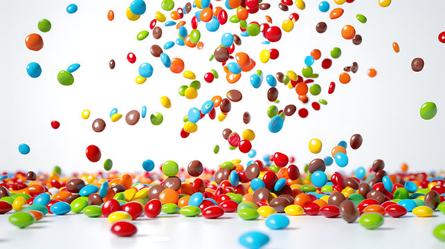 Colorful Candies: The image is dominated by a plethora of small, round candies in various bright colors, including red, green, blue, yellow, and orange