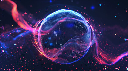 Looped distortion waves on abstract sphere of particles. Digital data splash of spherical point array. Futuristic glitch UI element.	