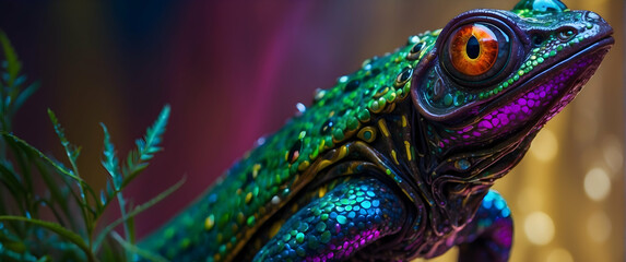 Colorful chameleon with bokeh background