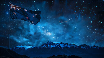A star cluster called the Pleiades which contains the Matariki star with mountains at night and the New Zealand flag with bold text to commemorate Matariki on July 14 in New Zealand