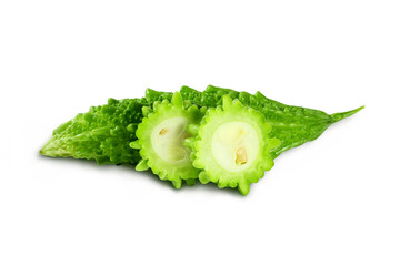 fresh whole and cut bitter gourd or bitter melon,momordica charantia also known in india as karela,korola,karele,  cutout in transparent background,png format    