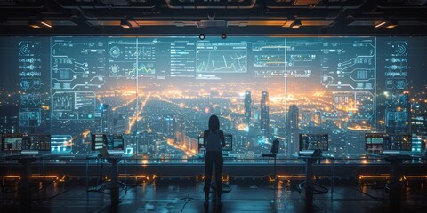 Person standing in front of a large digital screen displaying data and analytics overlooking a futuristic cityscape at night