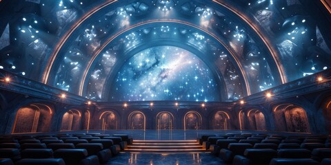 Futuristic auditorium with arched ceilings and cosmic projection, featuring blue and orange lighting, luxurious seating, and an immersive atmosphere perfect for high-tech presentations