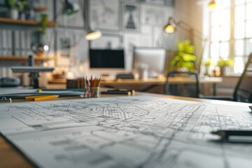 Architect’s Workspace with Detailed Blueprints and Tools