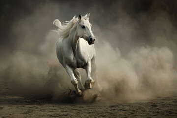 Beautiful white horse running in the dust on a dark background, with a wide angle view