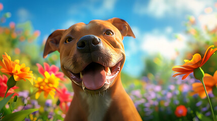 A photorealistic portrait of a happy cute pitbull, with a big smile and tongue hanging out, sitting in a sunny park