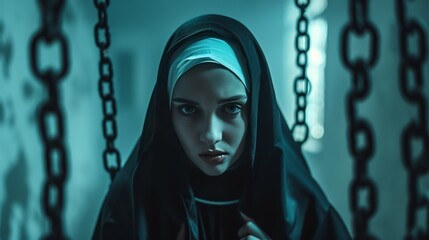 A young nun in a dark, chain-filled setting radiates a mysterious and haunting presence with her compelling gaze.