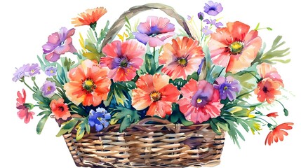 Watercolor of bouquet colorful spring flowers in wicker basket isolated on transparent png background, bouquets greeting or wedding card decoration, beautiful flowers inside buckets concept.