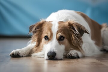 Calm white and beige dog with focused eyes against soft blue background