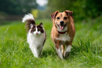 Cat and dog playing in green field, cats white and brown fur, dogs tongue out