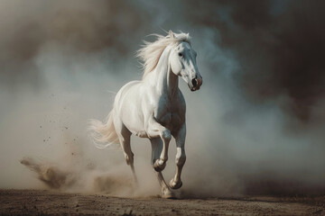Obraz premium Beautiful white horse running in dust on a dark background