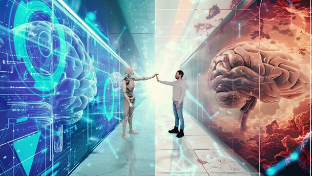  Split-screen video of a corridor with android robot and digital brain on left panel and human brain with a man on the right side. Ai concept video.