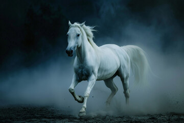 Beautiful white horse running in the dust on a dark background