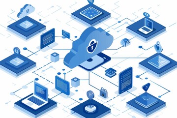 Fototapeta premium Isometric illustration of a secure cloud network with various devices, symbolizing data protection and connectivity.