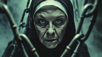 A haunting portrait of a nun with a stern gaze, surrounded by chains, set in a dark, eerie atmosphere that amplifies the horror theme.