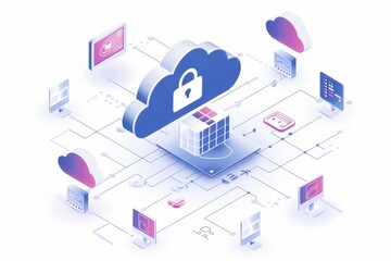 Fototapeta premium Isometric illustration of cloud computing with secure lock icon, emphasizing data protection and connectivity.