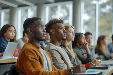 Diverse Group of Students Engaged in a Lecture in a Modern, Well-Equipped Classroom