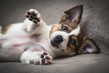 Adorable puppy laying on back with raised paw, looking curious and playful
