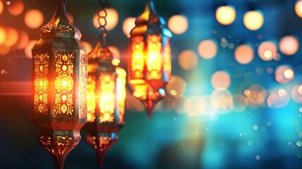 silhouette of mosque with ornament lamp on background abstract colorful