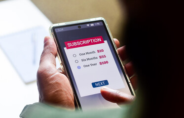 Man choosing a subscription plan for one year using mobile applications for newspaper or delivery...