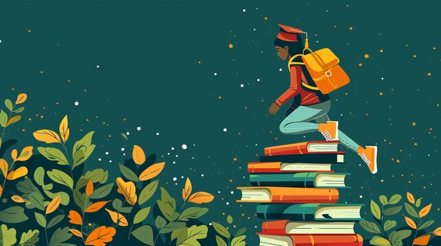 Illustration of a student climbing a stack of books, symbolizing growth and the power of education in a colorful and abstract design.