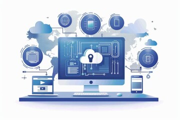 Isometric illustration of cloud computing with secure lock icon, symbolizing digital protection and data security.