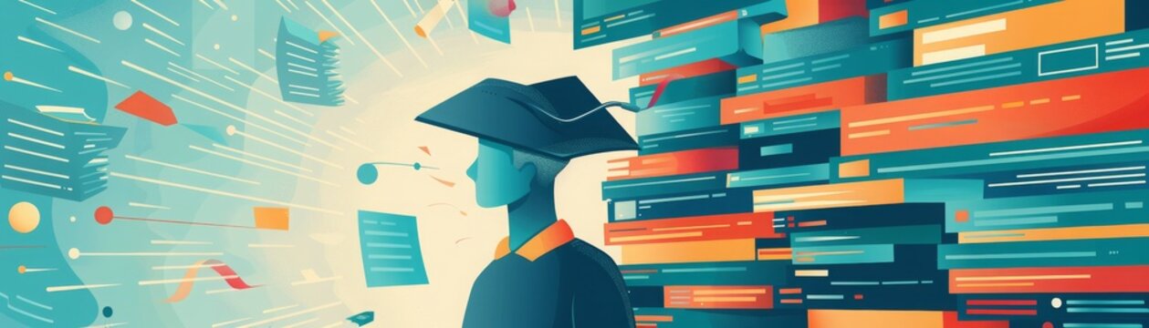 Conceptual illustration of a graduate wearing academic cap with flowing data and books symbolizing education, learning, and knowledge acquisition.