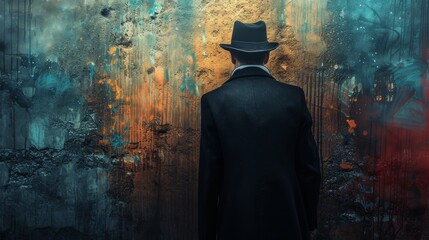 A mysterious man in a fedora stands with his back against a vibrant, textured wall, evoking a sense of urban mystery and isolation