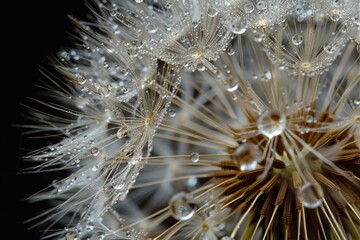 Close-up of a dandelion with water droplets, dark background