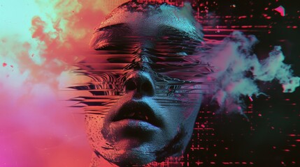A futuristic representation of a man's face with digital disruptions, set against a deep red background, conveying a sense of cyberpunk and virtual reality.