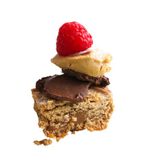 delicious and beautiful dessert, layer cake with chocolate cream, peanut butter and raspberries. isolated object