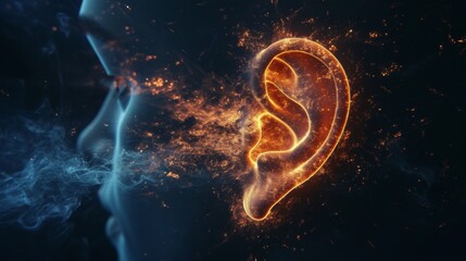 A vibrant depiction of a human ear outlined in fiery orange with smoke swirling around, set against a dark background.