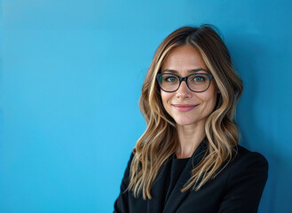 Fototapeta premium A woman with glasses stands against a blue wall