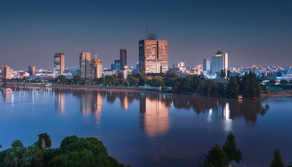 Naklejka premium Panoramic Cityscape Photography with Buildings, Lake or River at Sunset