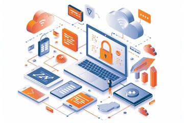 Digital illustration of secure cloud storage with various devices, highlighting data protection and advanced cybersecurity measures.