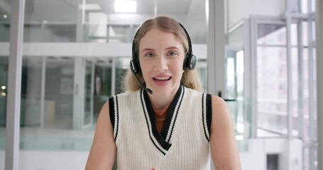 Woman, call centre and face in office, waving and receptionist or assistant service greeting. Female person, professional and customer care hotline with headset, agent portrait and consultant help