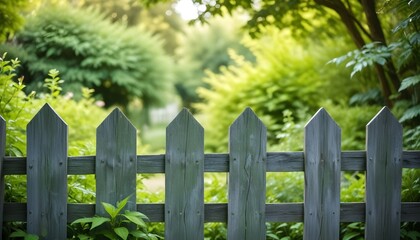 Weathered wooden fence in a lush green garden with blurred foliage in the background